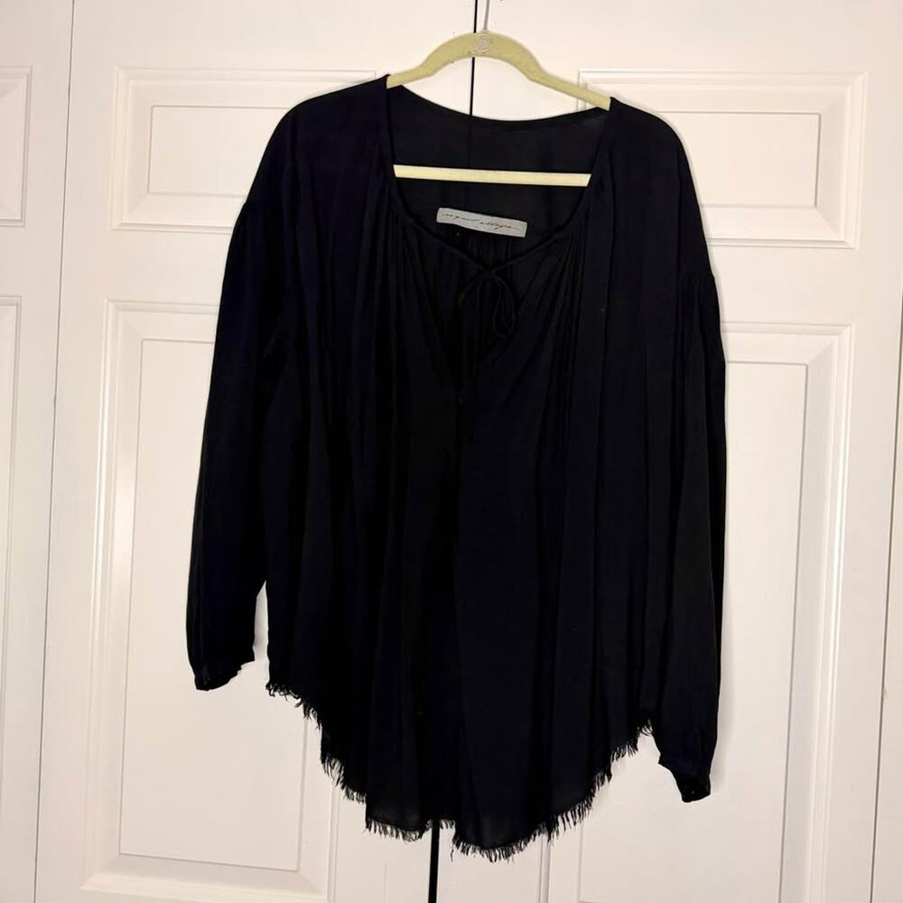 Raquel Allegra Black Gauze Fringe Hem Tie Neck Top Size 0